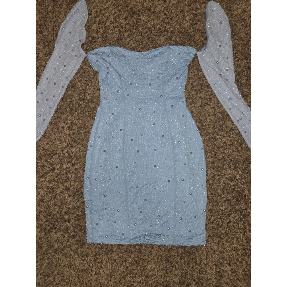 Akira Princess Babydoll Blue Glitter Pearl Cocktail Dress Small Off Shoulder